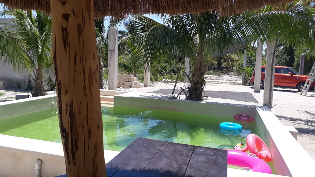 A small pool is framed by palm trees and shaded by a thatched roof. Colorful inflatable rings float on the water's surface. The surrounding area features stone pathways and natural greenery, providing a tranquil outdoor space.