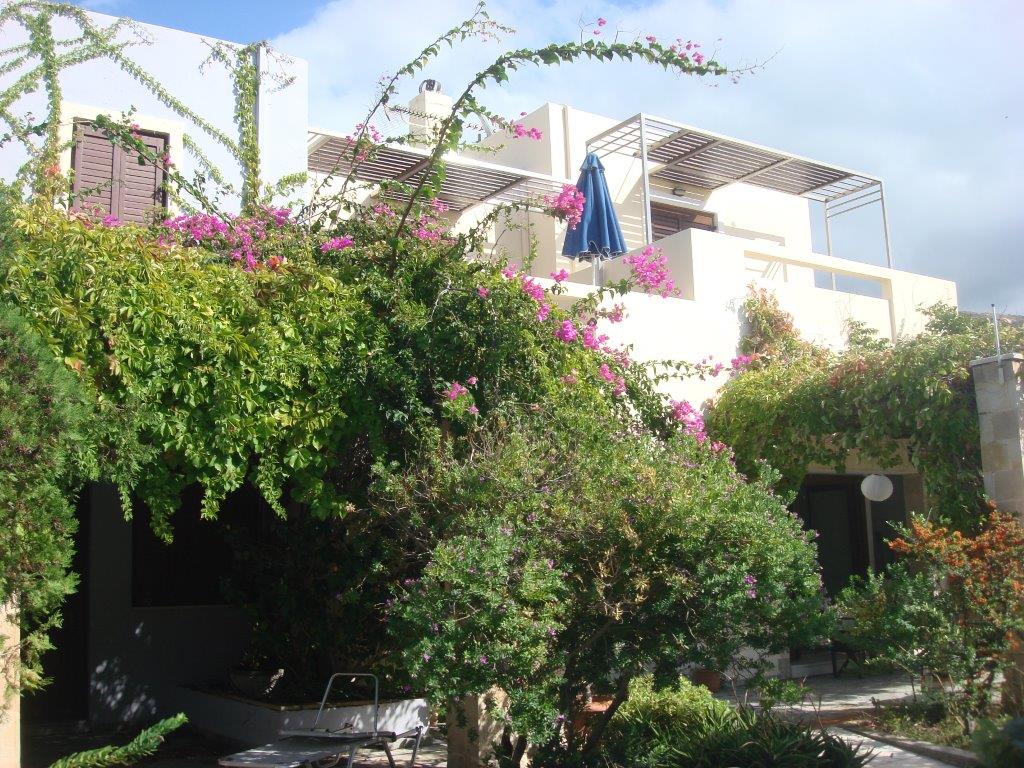 A vibrant courtyard is adorned with lush greenery and blooming flowers, creating a serene environment. The building's upper levels feature an umbrella overlooking the outdoor space. A sense of tranquility is conveyed through the natural elements surrounding the area.