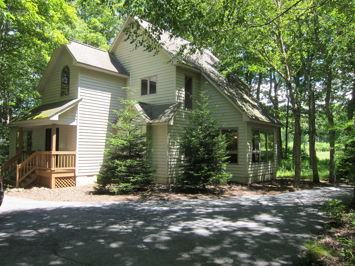 The exterior of the house is surrounded by tall trees, creating a natural canopy that filters sunlight. The two-story structure features a light-colored siding, a front porch with steps, and large windows that offer glimpses of the lush landscape beyond.