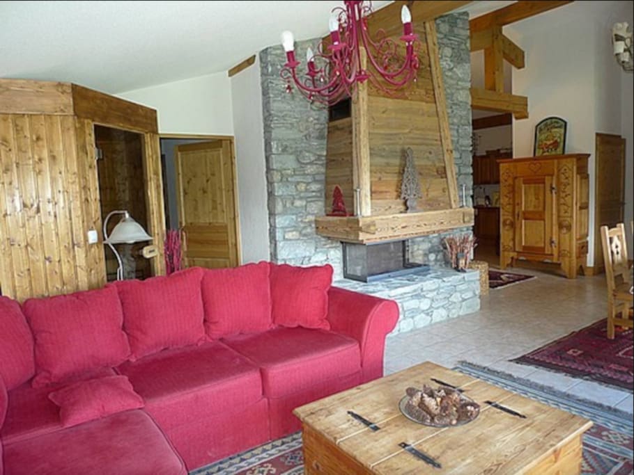 Large Open Plan Kitchen, Dining Room and Lounge with Open Fire Place