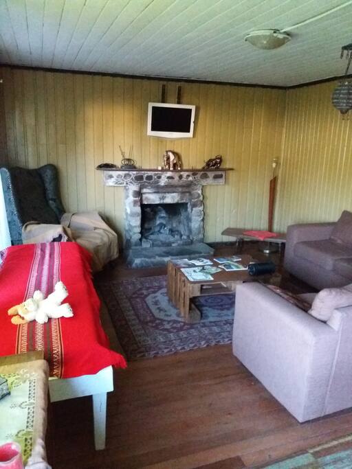 Imagen del living. La chimenea se prende los días de frío.