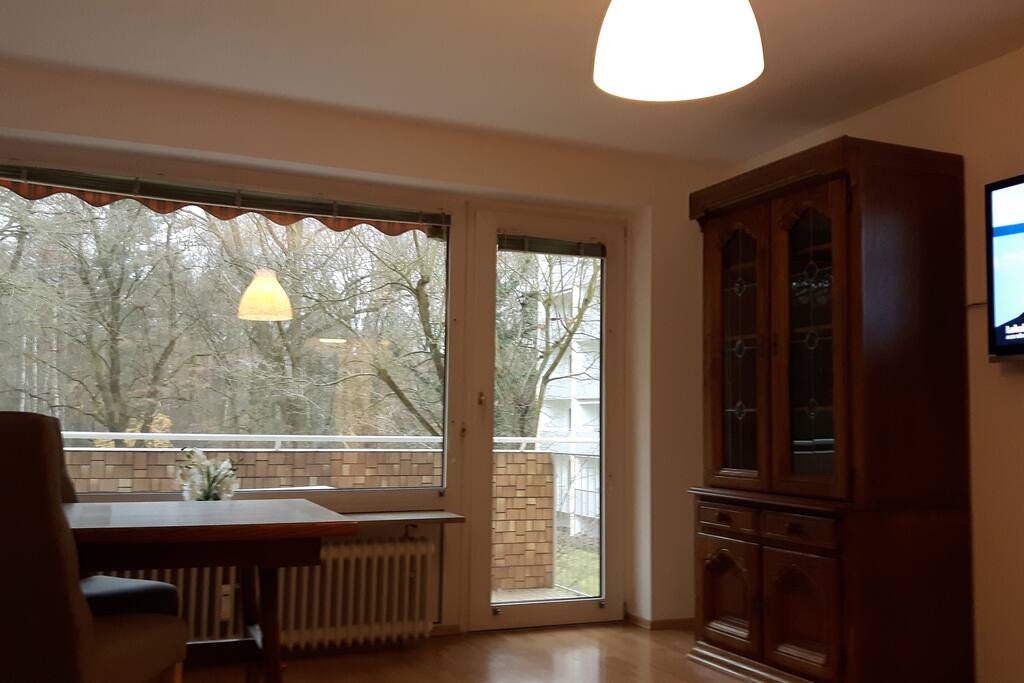 Wohnzimmer mit Balkon und sicht auf den "alten Kanal" - Steinbrücke googeln!