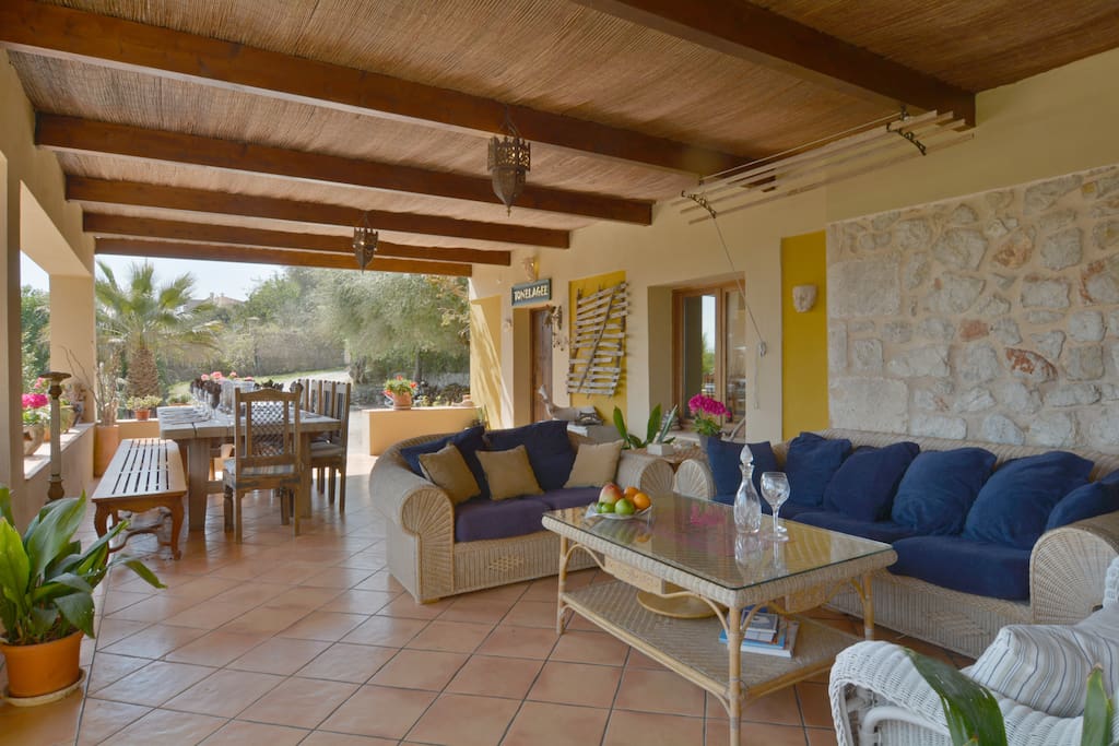 Comfy terrace sofas for reading, playing games and socializing.