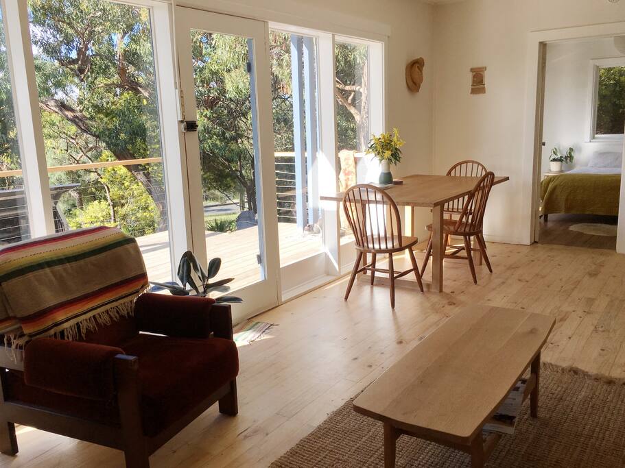 Dining table can be pulled away from the wall to seat 6 comfortably. 3 extra Chairs in bedrooms