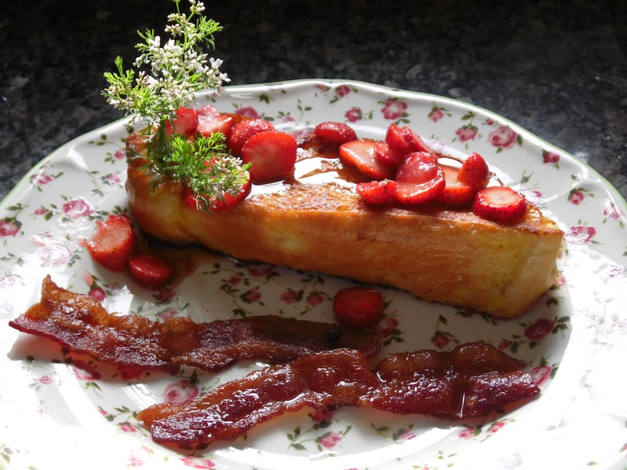 Strawberry Stuffed French toast with Spiced smoked bacon