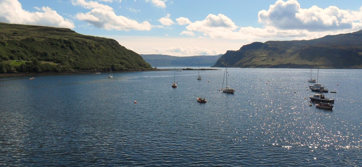 A panoramic view of a bay dotted with sailboats is presented, reflecting sunlight on calm waters. Lush green hills rise on either side, creating a serene backdrop against the clear blue sky, where fluffy white clouds float gently.