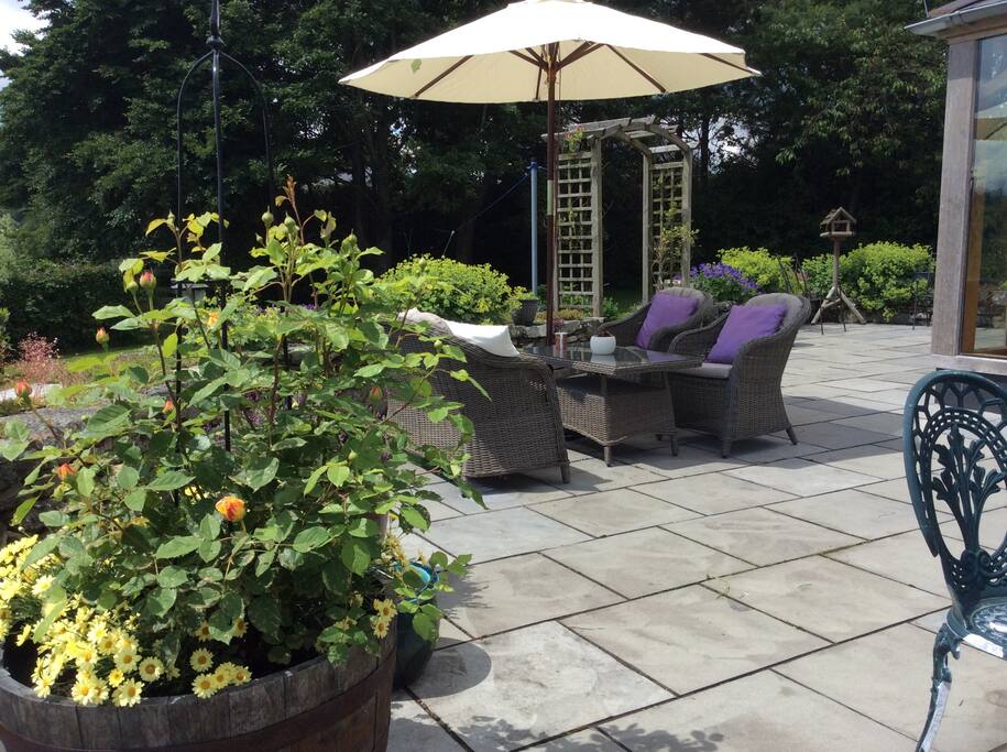 Patio area in the garden on a nice sunny day.