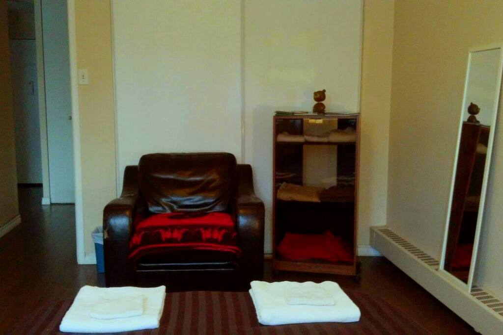 Extra linens and information pamphlets/maps are in/on the glass cabinet. The sliding closet is not for guest use. : )