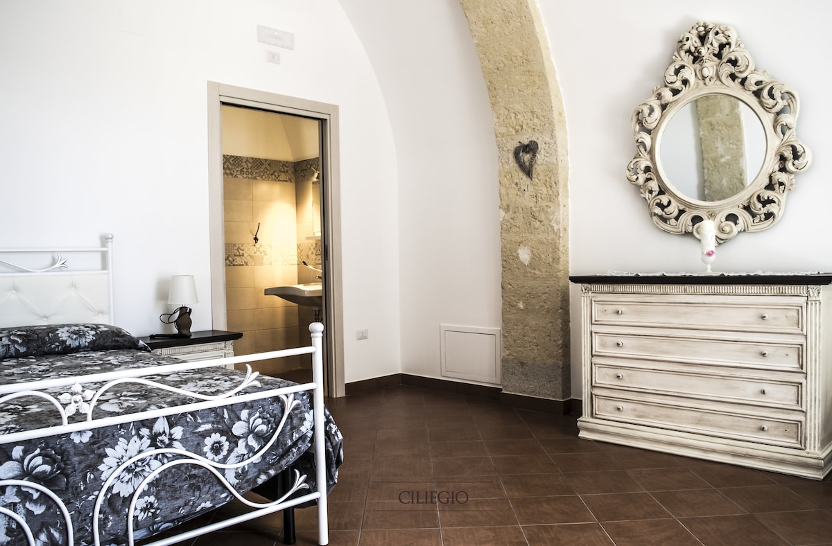 A private room features a spacious bed with floral bedding, complemented by a vintage-style dresser and an ornate mirror. The wall displays a natural stone archway, creating a rustic yet modern aesthetic. A doorway leads to a well-appointed private bathroom visible in the background.