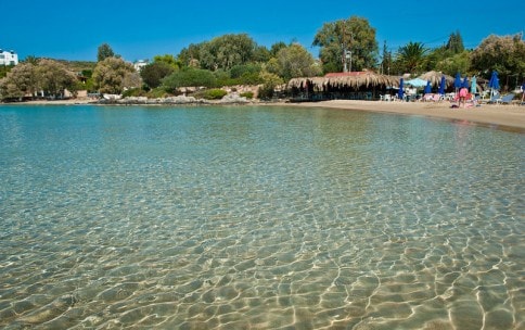 A serene beach scene is depicted, showcasing calm, clear waters that gently lap at the shore. Sun loungers and umbrellas offer shade along the sandy beach, framed by lush greenery and distant structures. The cloudless blue sky adds to the tranquil atmosphere.