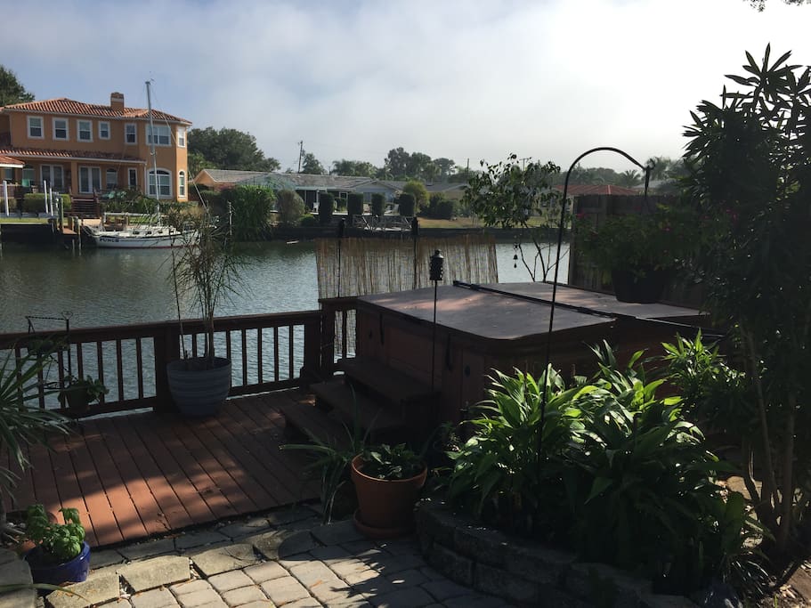 Backyard hot tub overlooking the canal.