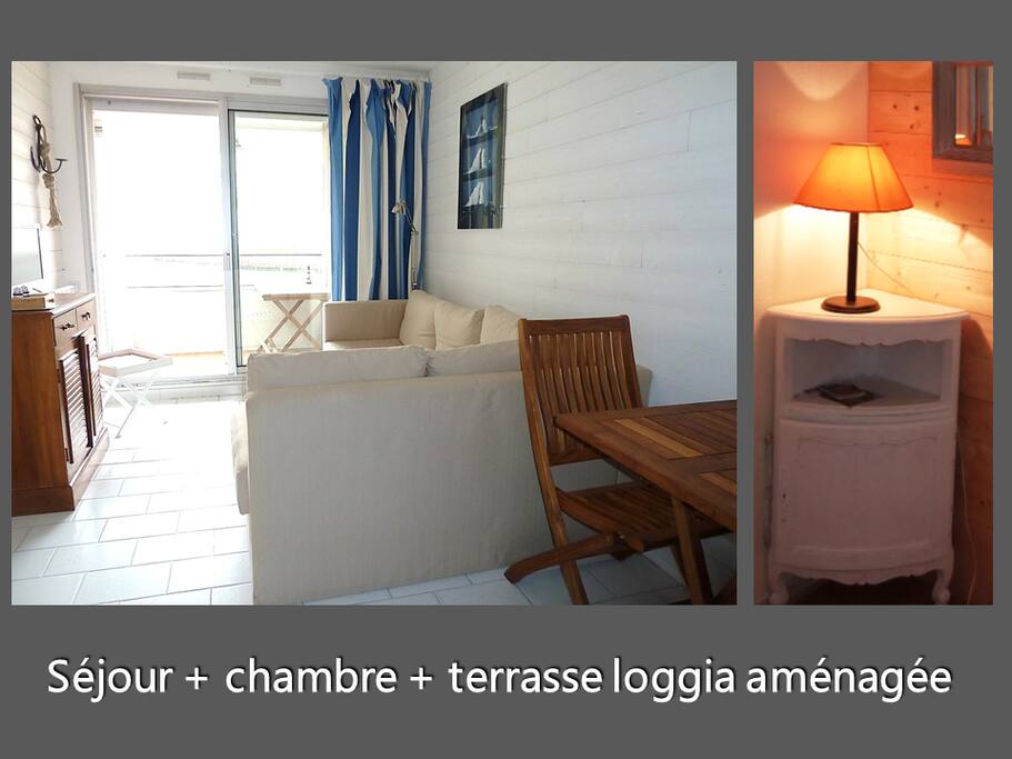 1) Séjour lumineux donnant sur loggia aménagée (table et chaises)
2) Chambre avec lit double