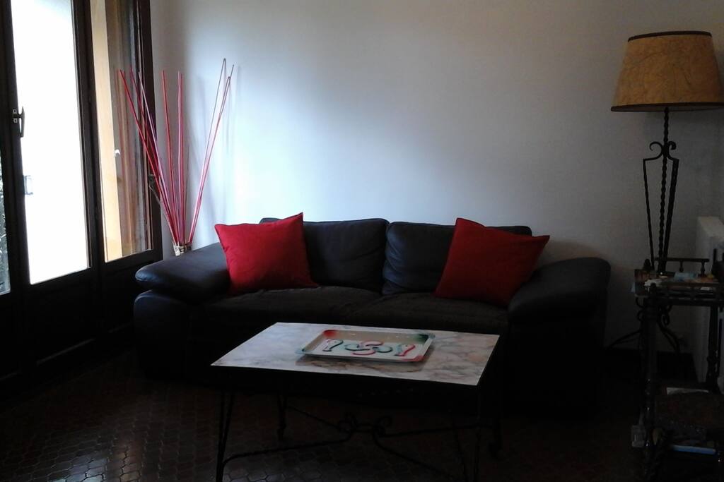 Petit salon chaleureux avec canapé, table basse, tv, lecteur dvd