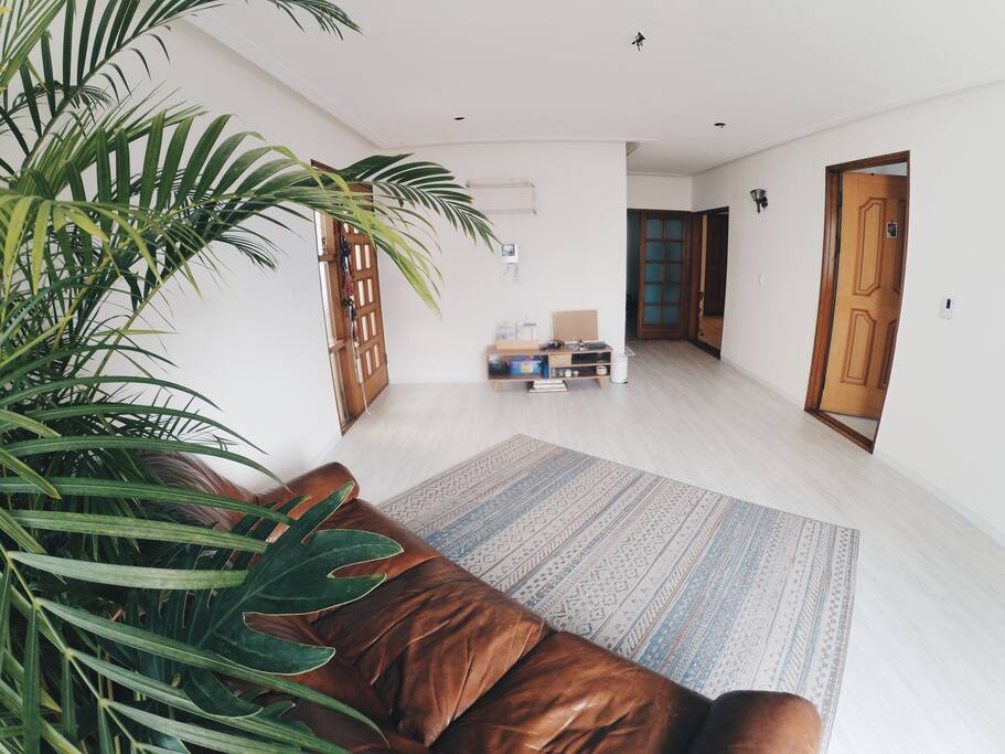 Bright and spacious living room with the soft leather couch.