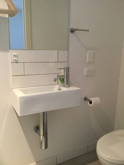 Private bathroom with shower, toilet and sink.