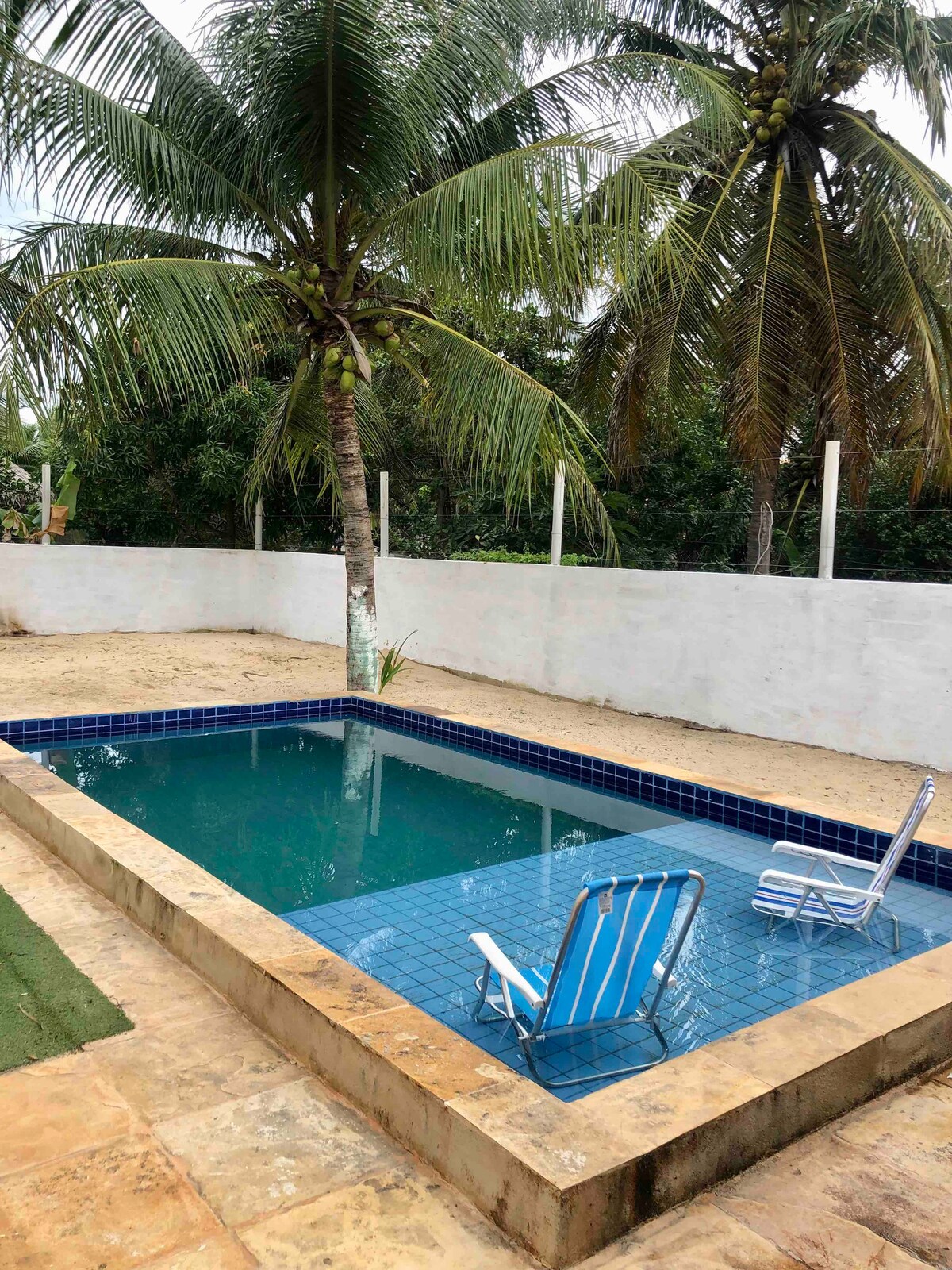 A refreshing pool is framed by a sandy area and white walls, with palm trees providing shade. Two blue-striped chairs are positioned beside the pool, creating a relaxed seating area for guests to enjoy.