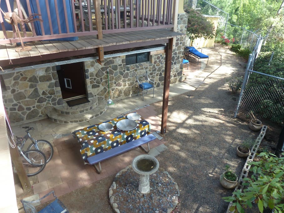 Bird's eye view of yard area - rental with stone exterior