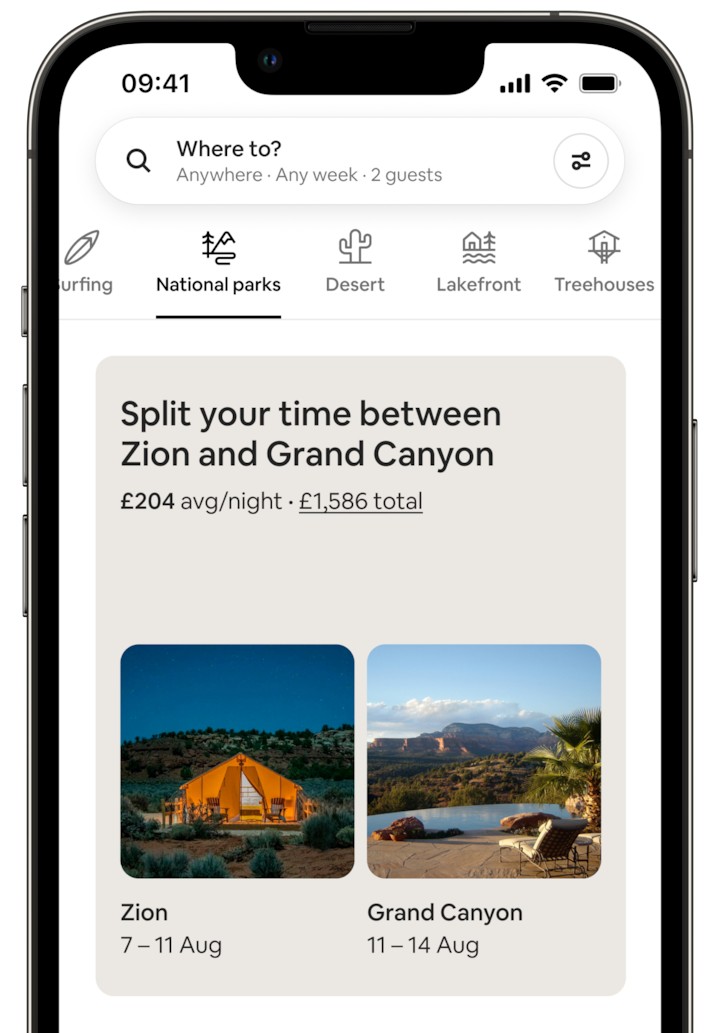 The screen of a mobile phone shows a Split Stay from the National Parks Category. The screen says “Split your time between Zion and Grand Canyon”, along with the price of the proposed trip. Below there are two side-by-side photos. The Zion photo shows a roomy, glowing tent under a dark sky. The Grand Canyon photo shows an outdoor pool with mountain views. Each photo is captioned with dates, which make clear that the guest would spend 4 days in Zion, followed by 3 days at the Grand Canyon.