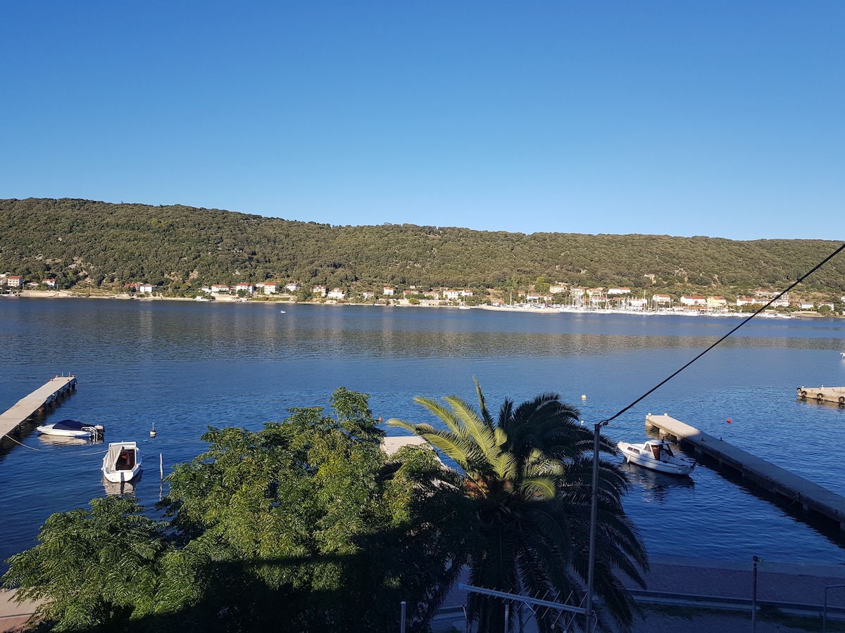 A serene view of the calm blue water is complemented by a backdrop of lush green hills. Small boats are moored at the wooden docks, and the shoreline is lined with charming houses. Tall palm trees frame the scene, enhancing the tranquil atmosphere.