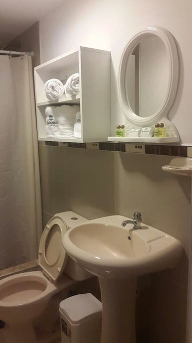 baño con accesorios de baño como toallas secamanos shampoo jabon liquido acondicionador para cabello lavadero inodoro ducha espejo estante