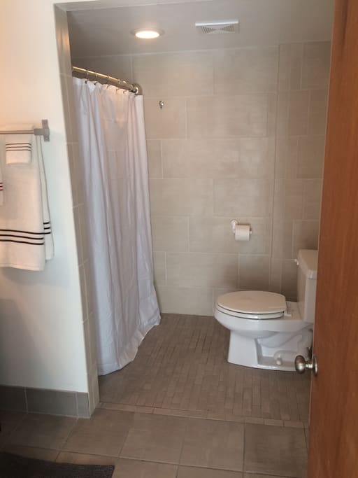 Main bathroom with tile shower, toilet and vanity. Located near the living area.