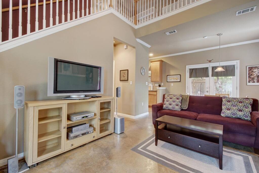 The living room entertainment system boasts surround sound.