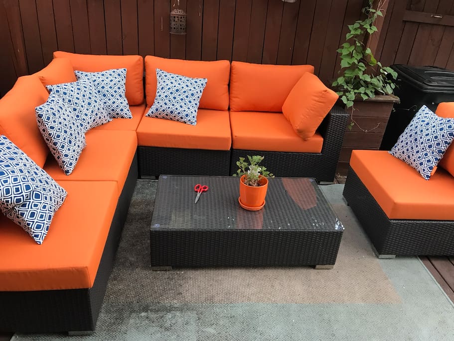Beautiful sectional seating on back deck.