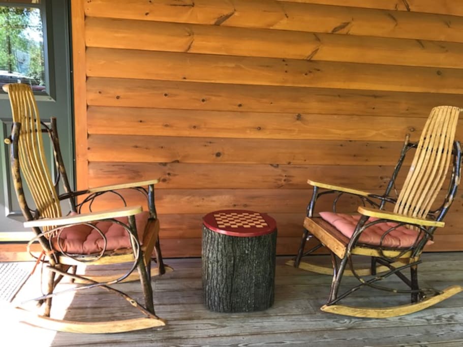 Checkers on the cabin porch