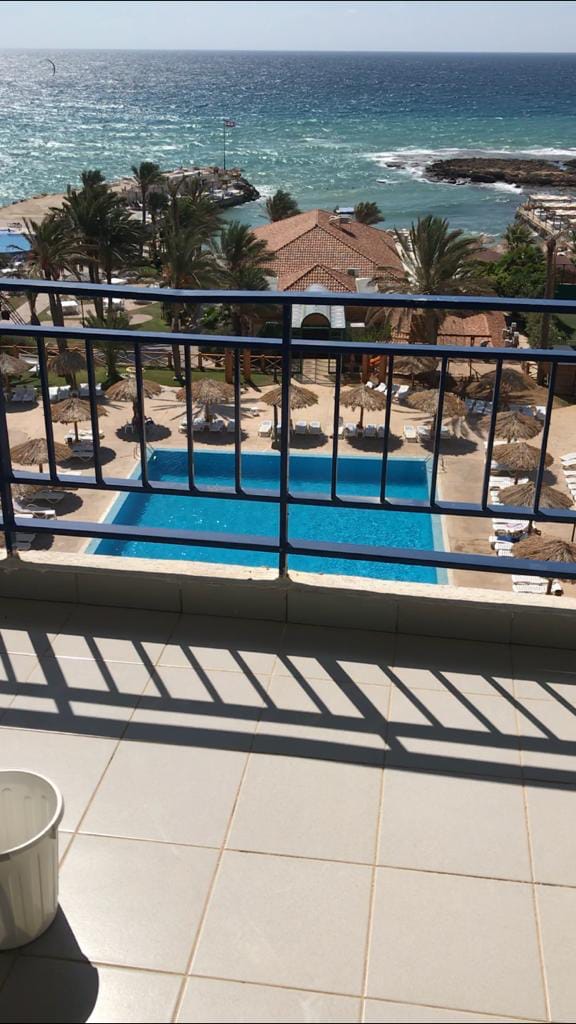 A balcony view showcases clear blue waters and a well-maintained pool surrounded by lounge chairs. Palm trees and cabanas are visible in the outdoor area, complementing the tranquil atmosphere of the surrounding resort.