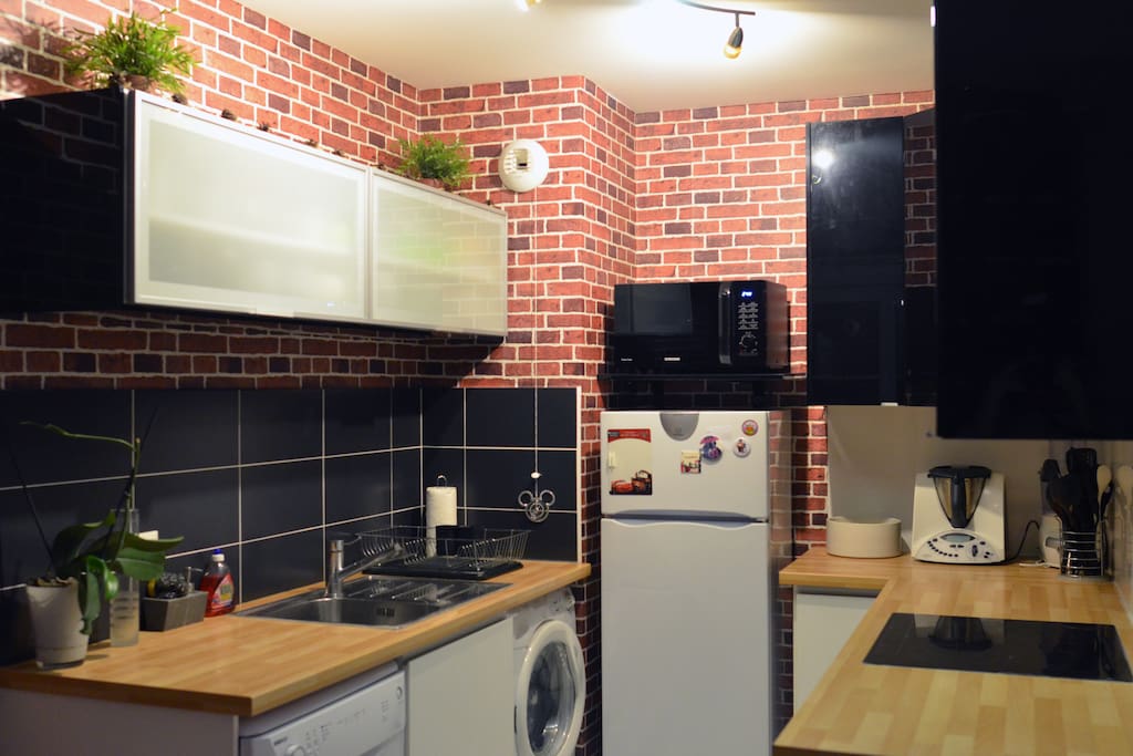 Cuisine équipée avec plaque de cuisson à induction, réfrigérateur (+congélateur), lave-vaisselle, lave-linge.