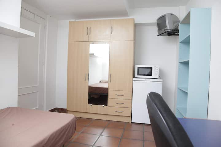 Habitación individual. Tiene refrigerador y microondas.