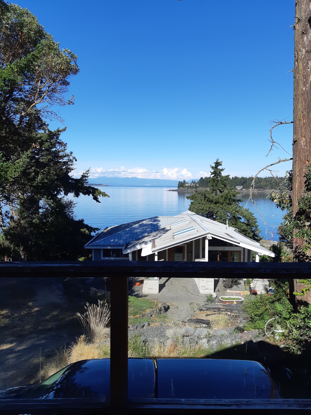 A scenic view from the property showcases a calm waterfront and a clear blue sky. The carriage house is visible, surrounded by trees and vegetation. The driveway and parked car are also seen in the foreground, creating a welcoming entry.