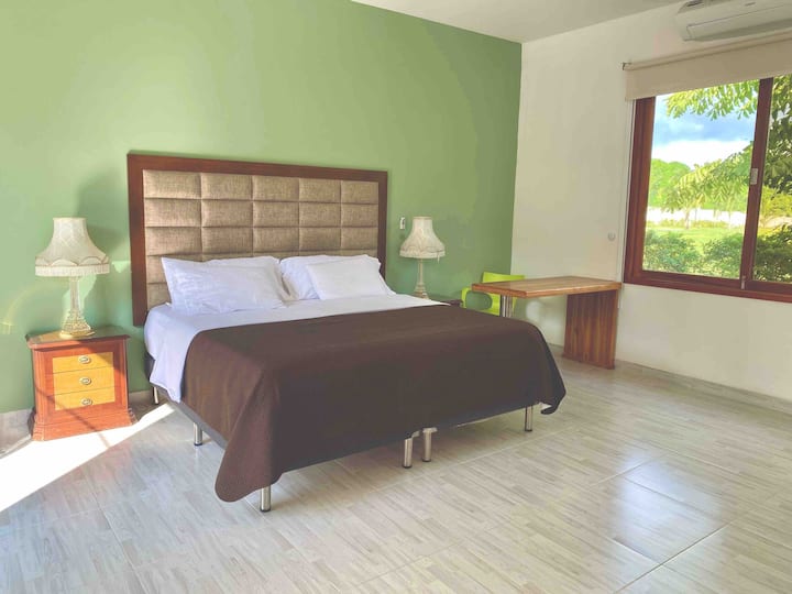 Stanza principale (matrimoniale) nro 1, letto matrimoniale grande (2 x 2), spazio con AA, scrivania, accesso diretto alla piscina 