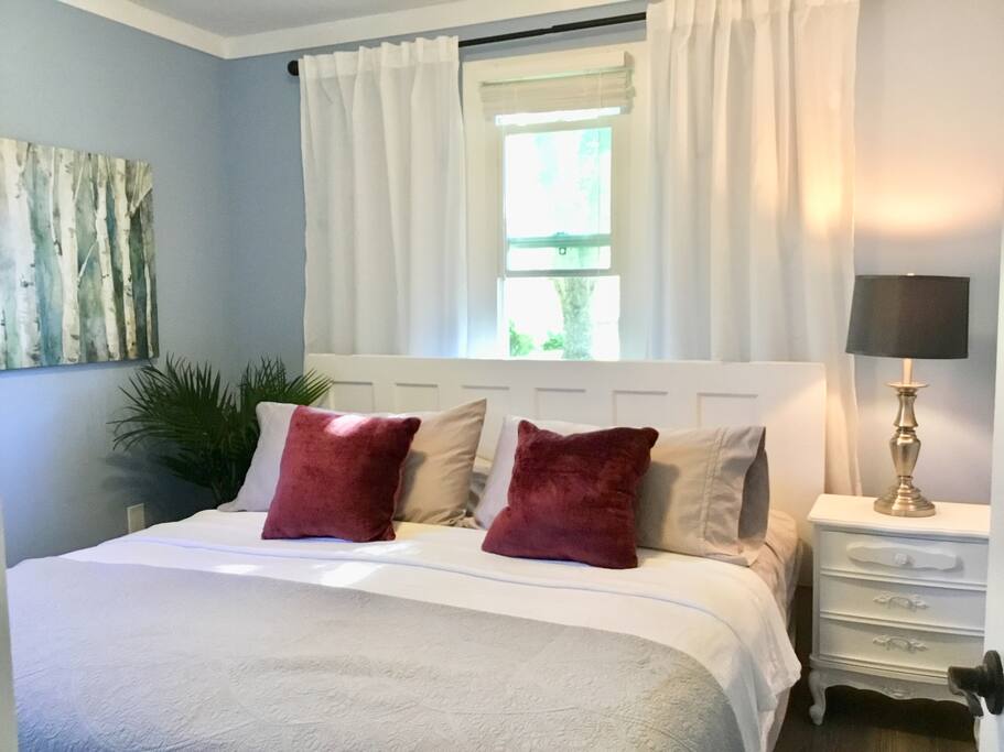 King sized bed with comfortable, high end mattress.