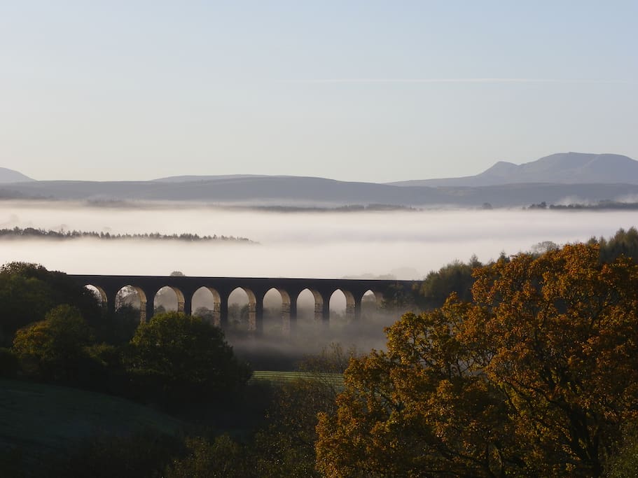 The view of the Cynghordy Viaduct and Black Mountain from the bedroom