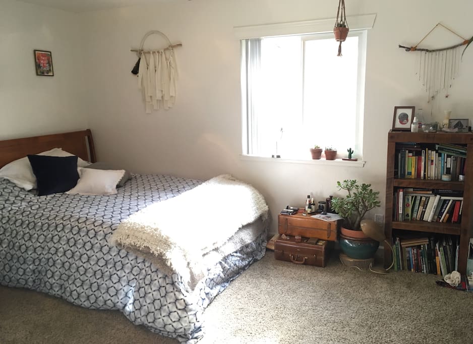 Bedroom 1, new queen mattress, cotton sheets.