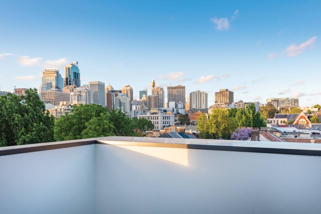 View of city skyline from building