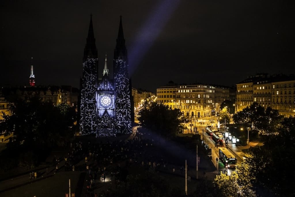View from the window - Video mapping on St. Ludmila during Signal festival in October.