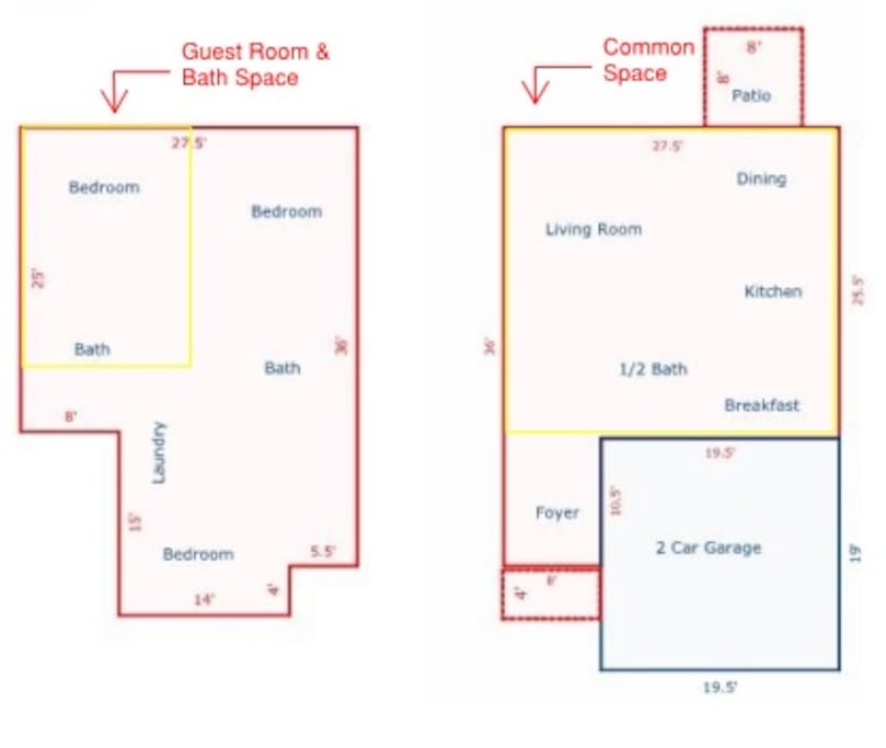 Floor plan - shared space on the first floor (outlined in yellow) Private space upstairs (outlined in yellow)
