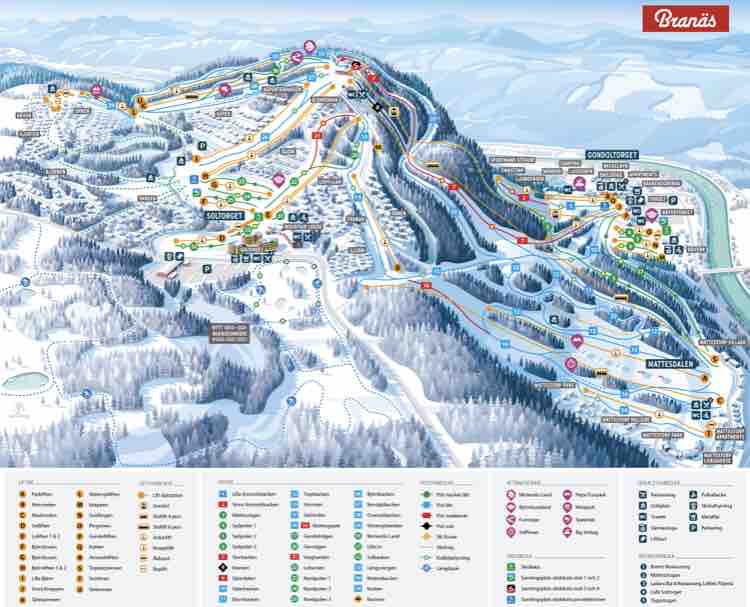 A detailed ski resort map displays the Branäs area, featuring marked trails, lifts, and amenities. The landscape is dominated by snow-covered mountains and trees, while color-coded lines indicate different skiing routes and difficulty levels. Key facilities and landmarks are clearly labeled for easy navigation.