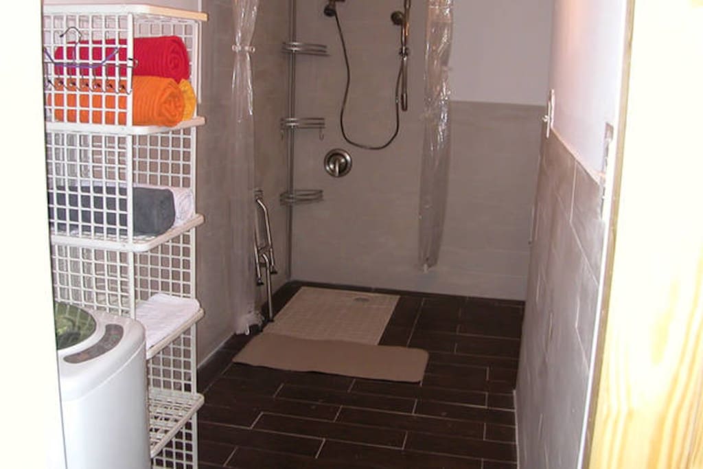Large bath room with toilet and washing machine.