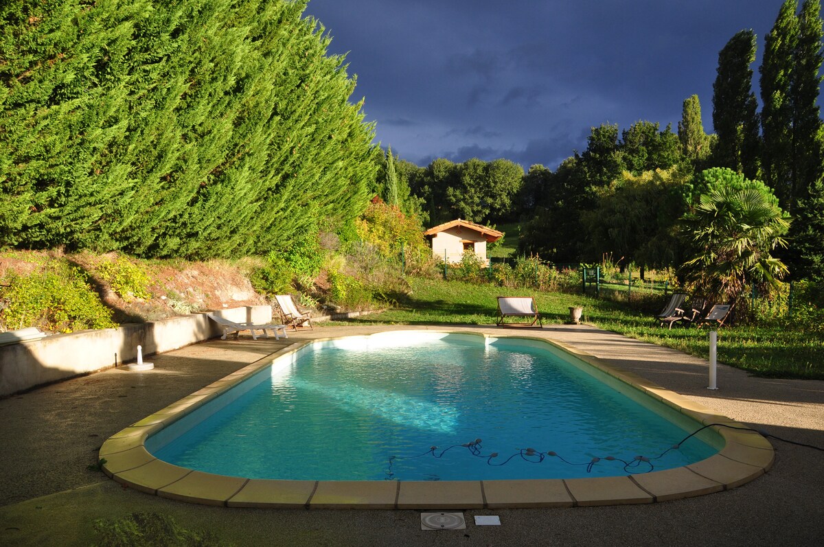 A clear swimming pool is surrounded by a spacious patio, featuring lounge chairs and lush greenery. Tall trees provide shade, while a distant building is partially visible among the vibrant garden landscape.