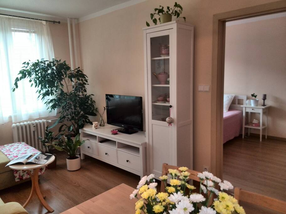 Průhled z obývací místnosti do ložnice