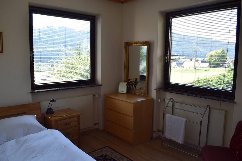 You can see two very beautiful old churches, one from each window. You also have views of open countryside. This is a quiet room at the front of the house, nice and cool in Summer and cosy in Winter.
