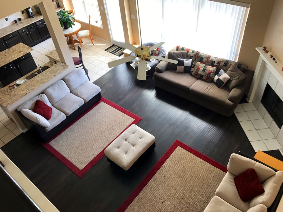 The living room common area features Netflix, Hulu, a fireplace, comfortable seating, and is available until 9pm on weeknights.