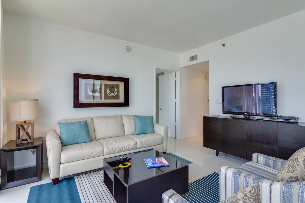 Living Room with Queen Size pull out sofa bed.