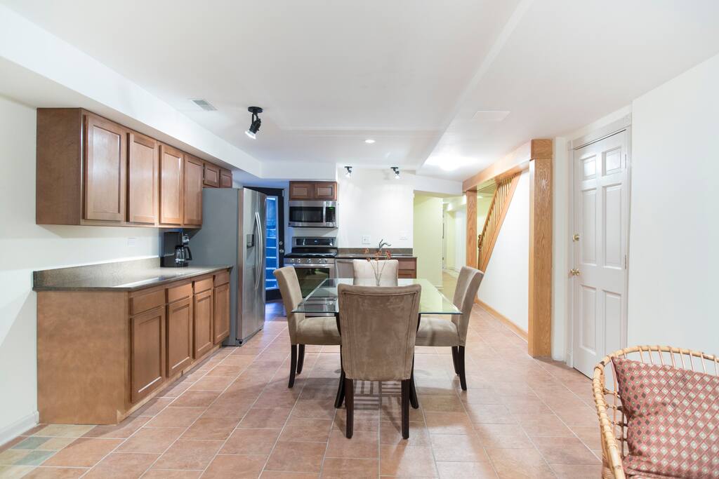 Spacious dining area with new kitchen