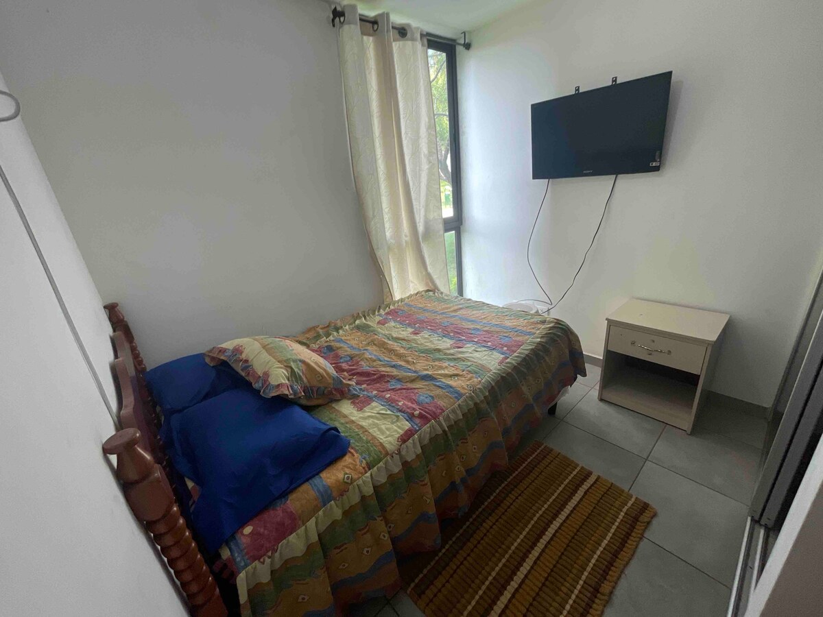 A bedroom features a colorful blanket draped over a spacious bed with blue pillows. A small nightstand is positioned next to the bed, and a television is mounted on the wall. Natural light filters through a window adorned with sheer curtains.