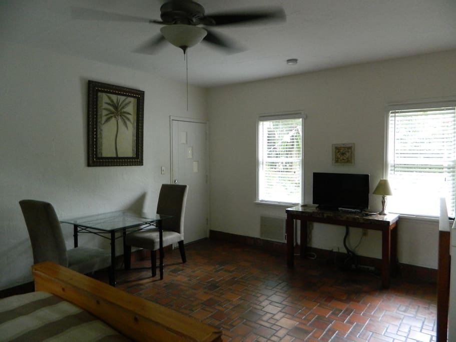 Entertainment center = Uverse television and videoplayer for viewing dvd library and Redbox rentals.
