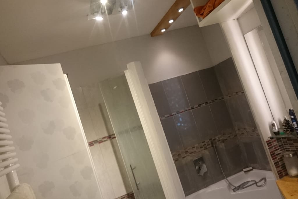 Salle de bain avec douche à l'italienne et baignoire